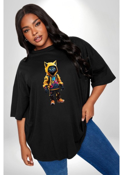 Spor Eşofman Takımı Sarı Kedi Insan Siyah Büyük Beden Erkek Kadın Unisex Basic Ön Baskılı Tişört