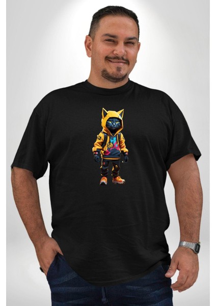 Spor Eşofman Takımı Sarı Kedi Insan Siyah Büyük Beden Erkek Kadın Unisex Basic Ön Baskılı Tişört fiyatları