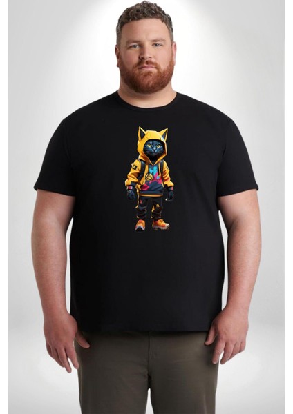 Spor Eşofman Takımı Sarı Kedi Insan Siyah Büyük Beden Erkek Kadın Unisex Basic Ön Baskılı Tişört modelleri