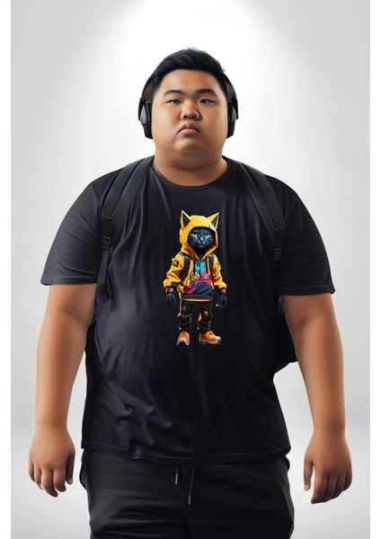 Spor Eşofman Takımı Sarı Kedi Insan Siyah Büyük Beden Erkek Kadın Unisex Basic Ön Baskılı Tişört fırsatları