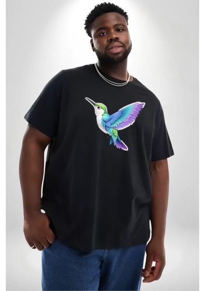 Sinek Kuşu Renkli Siyah Büyük Beden Erkek Kadın Unisex Basic Ön Baskılı Tişört