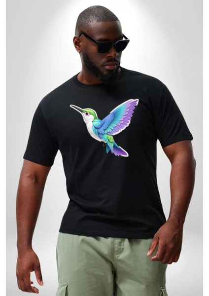 Sinek Kuşu Renkli Siyah Büyük Beden Erkek Kadın Unisex Basic Ön Baskılı Tişört fiyatları