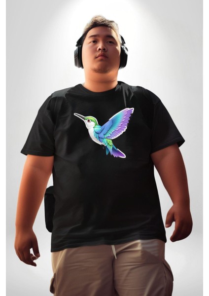 Sinek Kuşu Renkli Siyah Büyük Beden Erkek Kadın Unisex Basic Ön Baskılı Tişört modelleri