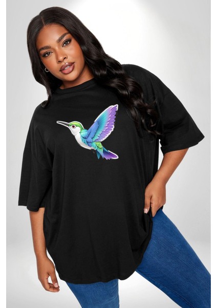 Sinek Kuşu Renkli Siyah Büyük Beden Erkek Kadın Unisex Basic Ön Baskılı Tişört fırsatları