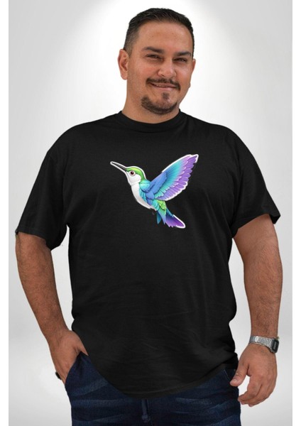 Sinek Kuşu Renkli Siyah Büyük Beden Erkek Kadın Unisex Basic Ön Baskılı Tişört indirimleri