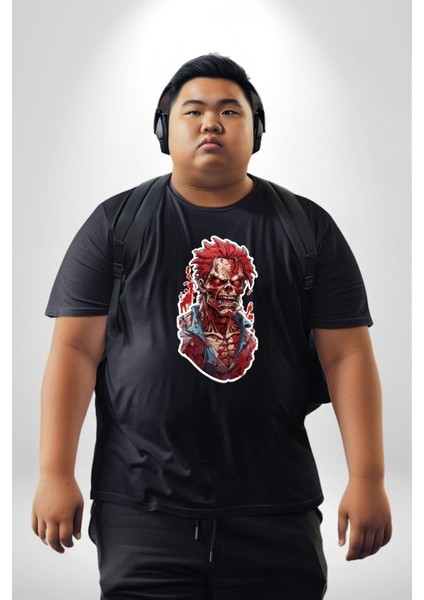 Zombi Kırmızı The Walking Dead Siyah Büyük Beden Erkek Kadın Unisex Basic Ön Baskılı Tişört
