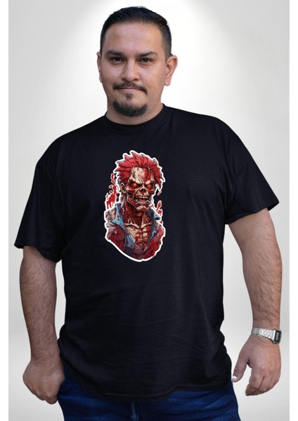 Zombi Kırmızı The Walking Dead Siyah Büyük Beden Erkek Kadın Unisex Basic Ön Baskılı Tişört
