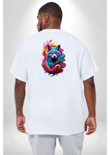 Renkli Kurt Büyük Beden Beyaz Tişört Kadın Erkek Ünisex Sırt Baskılı