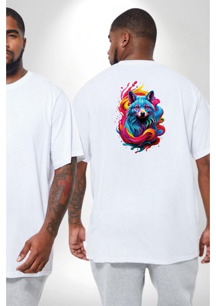 Renkli Kurt Büyük Beden Beyaz Tişört Kadın Erkek Ünisex Sırt Baskılı fiyatları