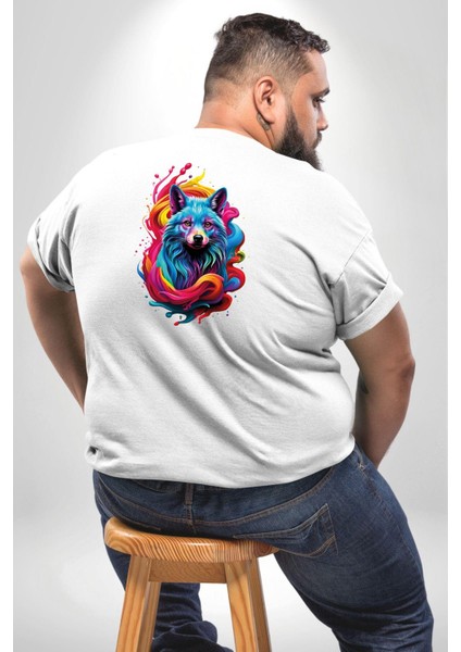 Renkli Kurt Büyük Beden Beyaz Tişört Kadın Erkek Ünisex Sırt Baskılı fırsatları