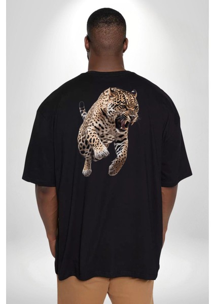 Jaguar Sırtından Çıkan Büyük Beden Siyah Tişört Kadın Erkek Ünisex Sırt Baskılı