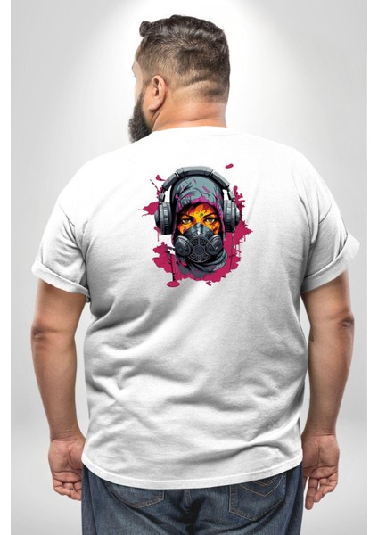 Maske Duman Corona Müzik Kulaklık Büyük Beden Beyaz Tişört Kadın Erkek Ünisex Sırt Baskılı