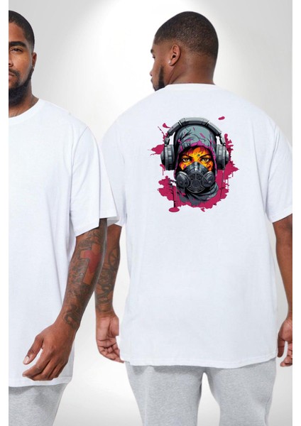 Maske Duman Corona Müzik Kulaklık Büyük Beden Beyaz Tişört Kadın Erkek Ünisex Sırt Baskılı fiyatları