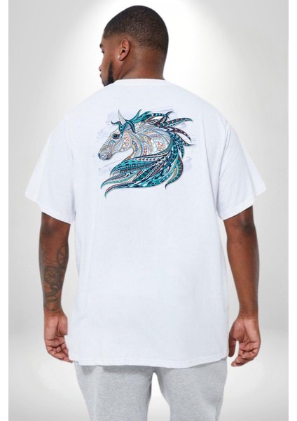 At Mandala Kafası Büyük Beden Beyaz Tişört Kadın Erkek Ünisex Sırt Baskılı