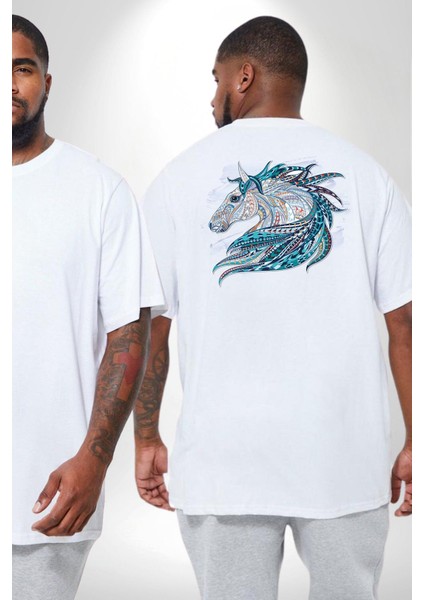 At Mandala Kafası Büyük Beden Beyaz Tişört Kadın Erkek Ünisex Sırt Baskılı fiyatları