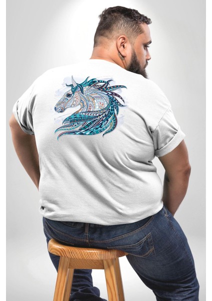 At Mandala Kafası Büyük Beden Beyaz Tişört Kadın Erkek Ünisex Sırt Baskılı fırsatları