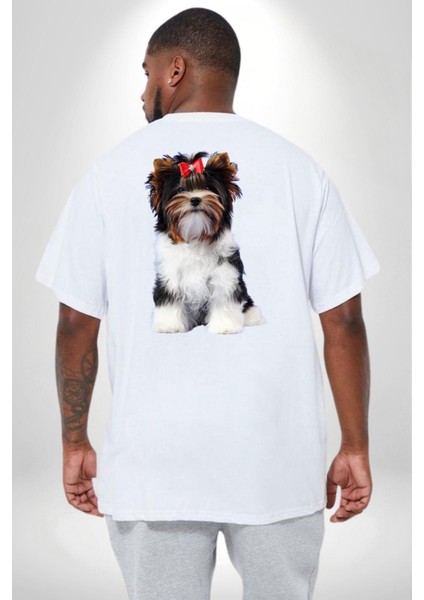 Biewer Yorshire Terrier Büyük Beden Beyaz Tişört Kadın Erkek Ünisex Sırt Baskılı