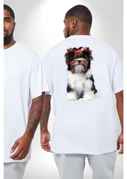 Biewer Yorshire Terrier Büyük Beden Beyaz Tişört Kadın Erkek Ünisex Sırt Baskılı fiyatları