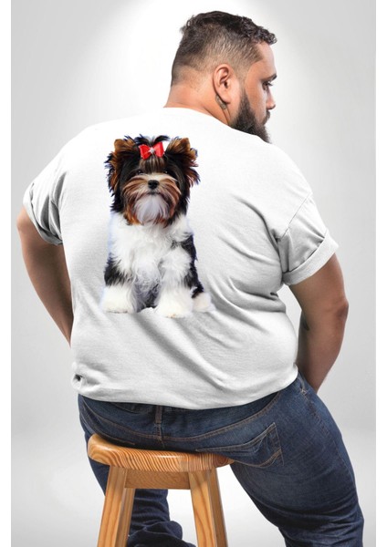 Biewer Yorshire Terrier Büyük Beden Beyaz Tişört Kadın Erkek Ünisex Sırt Baskılı fırsatları