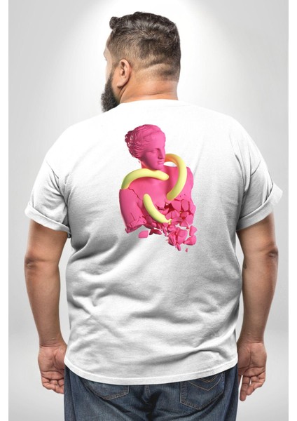 Pop Art Yaratıcı Heykel Pembe Büyük Beden Beyaz Tişört Kadın Erkek Ünisex Sırt Baskılı