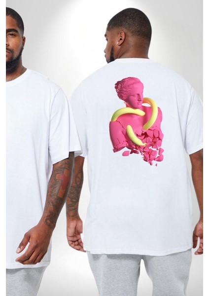 Pop Art Yaratıcı Heykel Pembe Büyük Beden Beyaz Tişört Kadın Erkek Ünisex Sırt Baskılı fiyatları