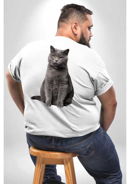 British Shorthair Kedi Büyük Beden Beyaz Tişört Kadın Erkek Ünisex Sırt Baskılı