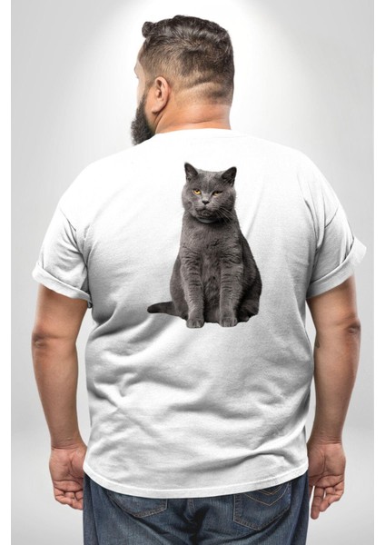 British Shorthair Kedi Büyük Beden Beyaz Tişört Kadın Erkek Ünisex Sırt Baskılı fırsatları