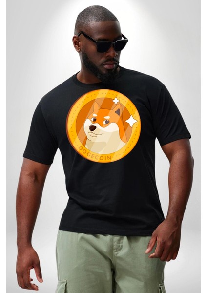 Doge Coin Siyah Büyük Beden Erkek Kadın Unisex Basic Ön Baskılı Tişört modelleri