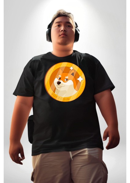 Doge Coin Siyah Büyük Beden Erkek Kadın Unisex Basic Ön Baskılı Tişört fırsatları