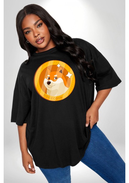 Doge Coin Siyah Büyük Beden Erkek Kadın Unisex Basic Ön Baskılı Tişört indirimleri
