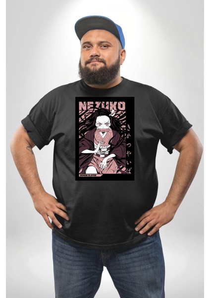 Nezuko Demon Slayer Siyah Büyük Beden Erkek Kadın Unisex Basic Ön Baskılı Tişört fırsatları