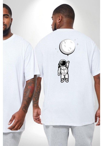 Astronot Ay Balon Büyük Beden Beyaz Tişört Kadın Erkek Ünisex Sırt Baskılı fiyatları