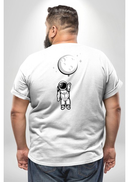 Astronot Ay Balon Büyük Beden Beyaz Tişört Kadın Erkek Ünisex Sırt Baskılı fırsatları