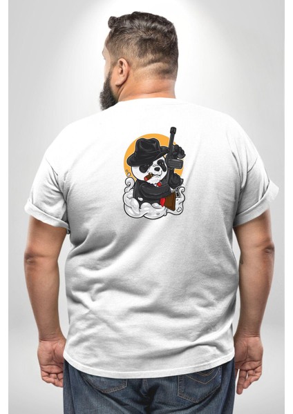 Gangster Panda Büyük Beden Beyaz Tişört Kadın Erkek Ünisex Sırt Baskılı