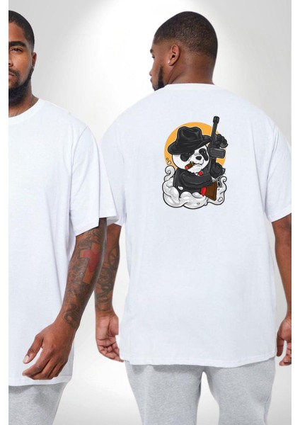 Gangster Panda Büyük Beden Beyaz Tişört Kadın Erkek Ünisex Sırt Baskılı fiyatları