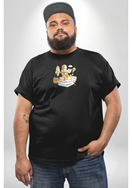 Astronot Kitap Füze Saat Ampül Büyüteç Siyah Büyük Beden Erkek Kadın Unisex Basic Ön Baskılı Tişört