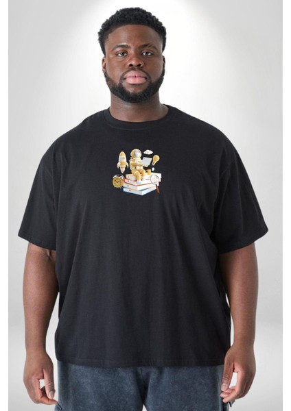 Astronot Kitap Füze Saat Ampül Büyüteç Siyah Büyük Beden Erkek Kadın Unisex Basic Ön Baskılı Tişört modelleri