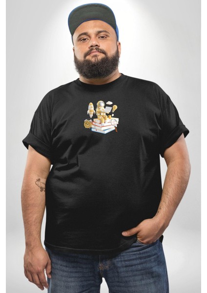 Astronot Kitap Füze Saat Ampül Büyüteç Siyah Büyük Beden Erkek Kadın Unisex Basic Ön Baskılı Tişört indirimleri