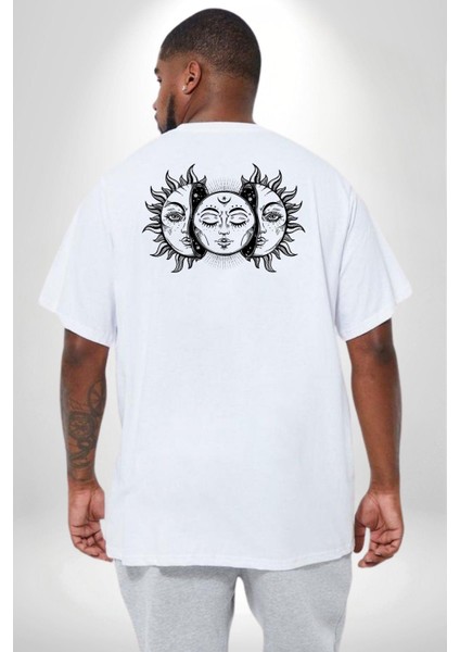 Ay Ve Güneş Retro Büyük Beden Beyaz Tişört Kadın Erkek Ünisex Sırt Baskılı