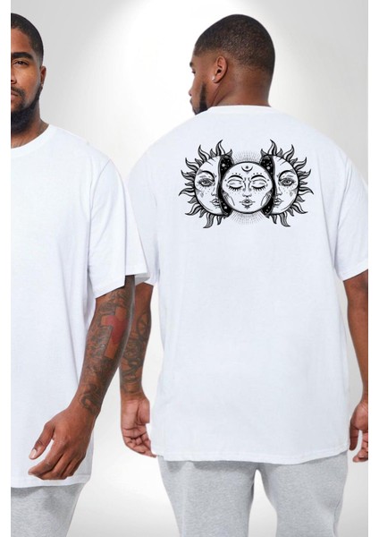 Ay Ve Güneş Retro Büyük Beden Beyaz Tişört Kadın Erkek Ünisex Sırt Baskılı fiyatları