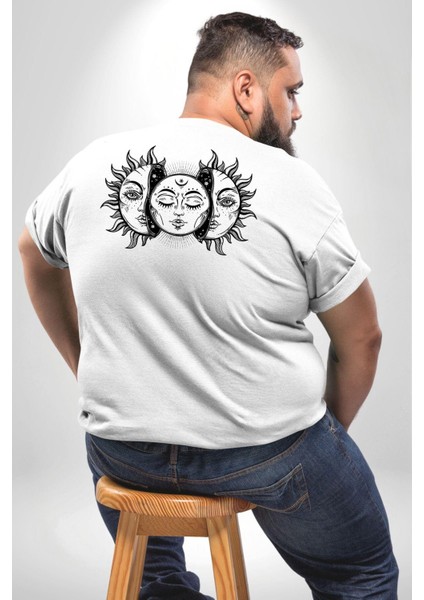 Ay Ve Güneş Retro Büyük Beden Beyaz Tişört Kadın Erkek Ünisex Sırt Baskılı fırsatları