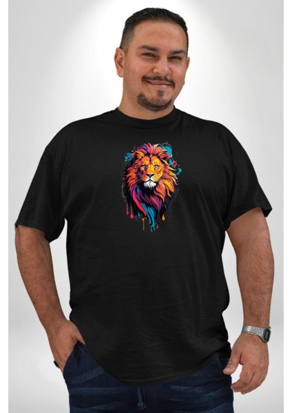 Renkli Yağlı Boya Aslan Siyah Büyük Beden Erkek Kadın Unisex Basic Ön Baskılı Tişört