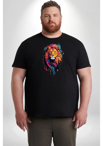 Renkli Yağlı Boya Aslan Siyah Büyük Beden Erkek Kadın Unisex Basic Ön Baskılı Tişört fiyatları