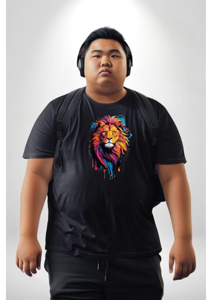 Renkli Yağlı Boya Aslan Siyah Büyük Beden Erkek Kadın Unisex Basic Ön Baskılı Tişört modelleri