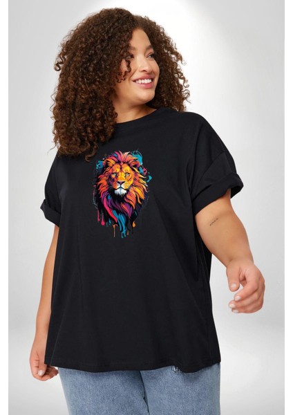Renkli Yağlı Boya Aslan Siyah Büyük Beden Erkek Kadın Unisex Basic Ön Baskılı Tişört fırsatları