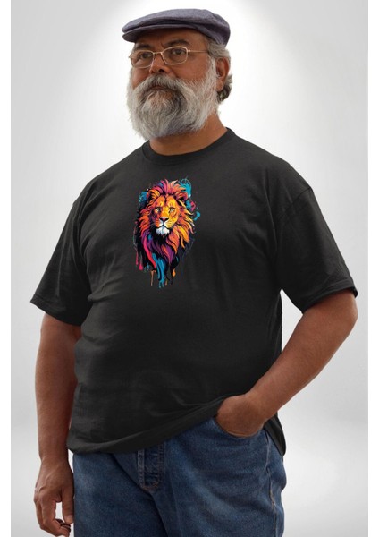 Renkli Yağlı Boya Aslan Siyah Büyük Beden Erkek Kadın Unisex Basic Ön Baskılı Tişört indirimleri