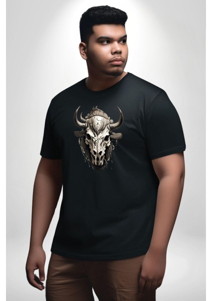 Bizon Inek Kafatası Kurumuş Siyah Büyük Beden Erkek Kadın Unisex Basic Ön Baskılı Tişört