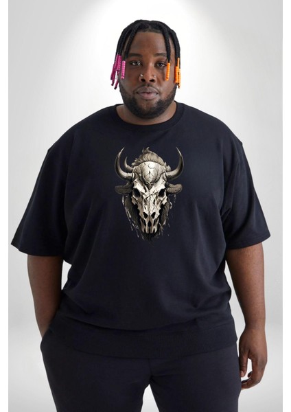 Bizon Inek Kafatası Kurumuş Siyah Büyük Beden Erkek Kadın Unisex Basic Ön Baskılı Tişört fiyatları