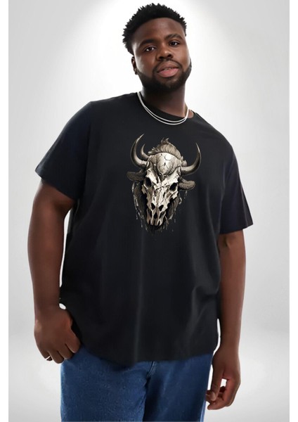 Bizon Inek Kafatası Kurumuş Siyah Büyük Beden Erkek Kadın Unisex Basic Ön Baskılı Tişört modelleri