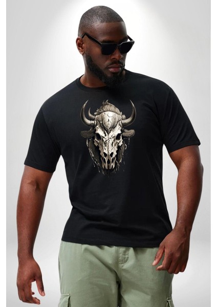 Bizon Inek Kafatası Kurumuş Siyah Büyük Beden Erkek Kadın Unisex Basic Ön Baskılı Tişört fırsatları